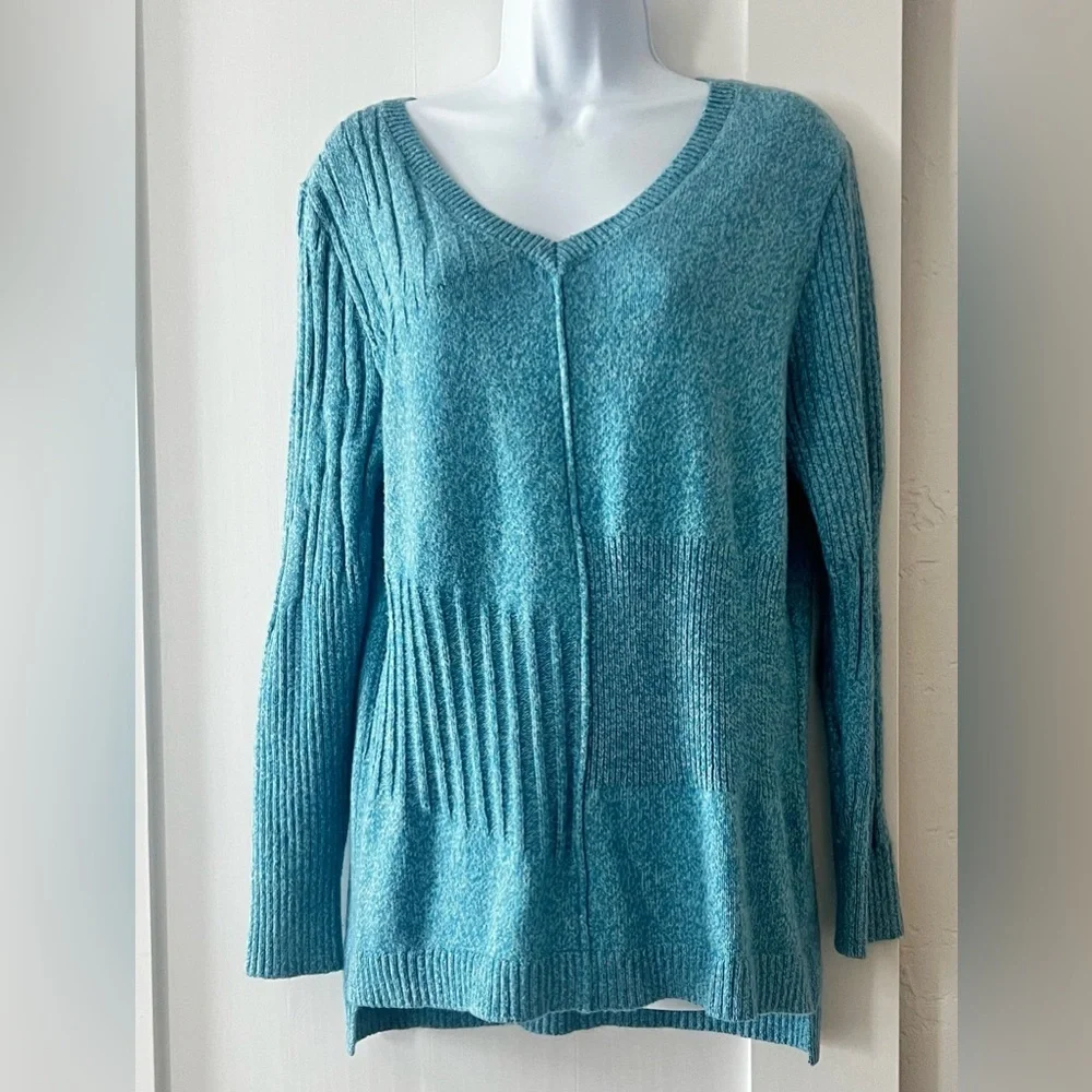 Sundance Turquoise Blue Sweater Women Medium M Cotton Silk V Neck Ribbed Soft